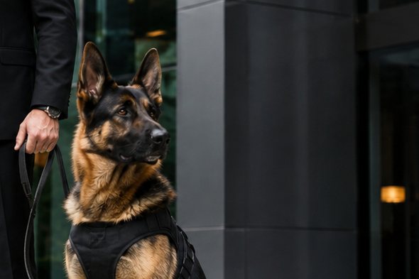 German Shepherd security dog in working harness