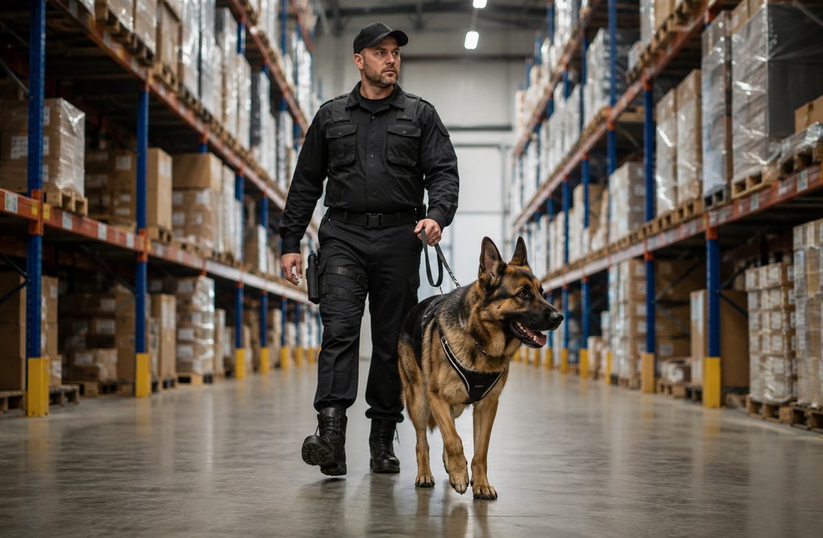 Detection dog and handler searching a warehouse