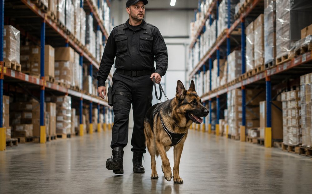 K9 handler patrolling a warehouse aisle with a security dog