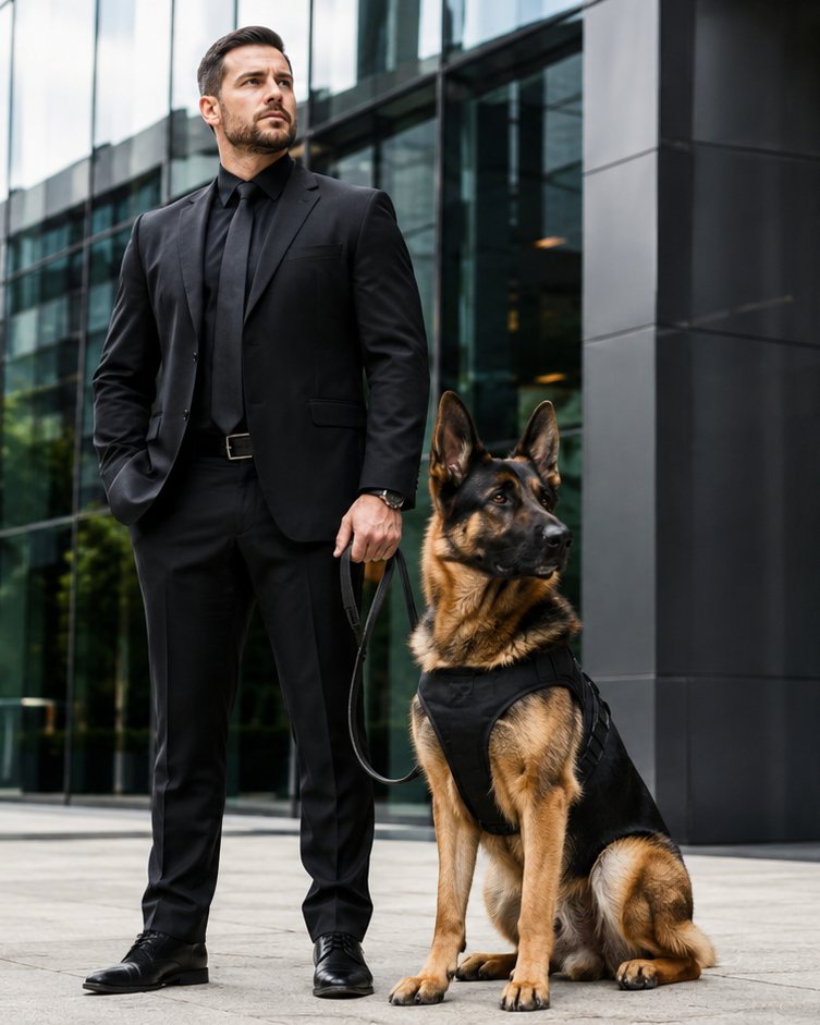 K9 Sentinel handler in corporate dress with a German Shepherd security dog outside a commercial building