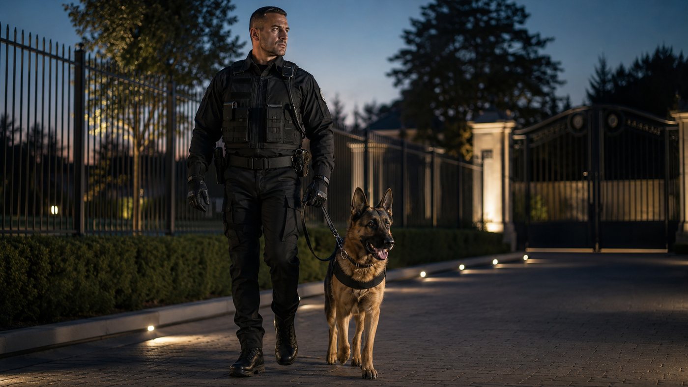 K9 handler and security dog on night patrol at a gated property
